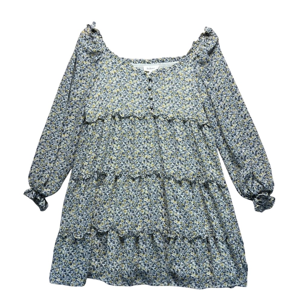 Bohme Floral Tiered Mini Dress Blue Yellow Ruffle Long Sleeve Small Ditzy Boho